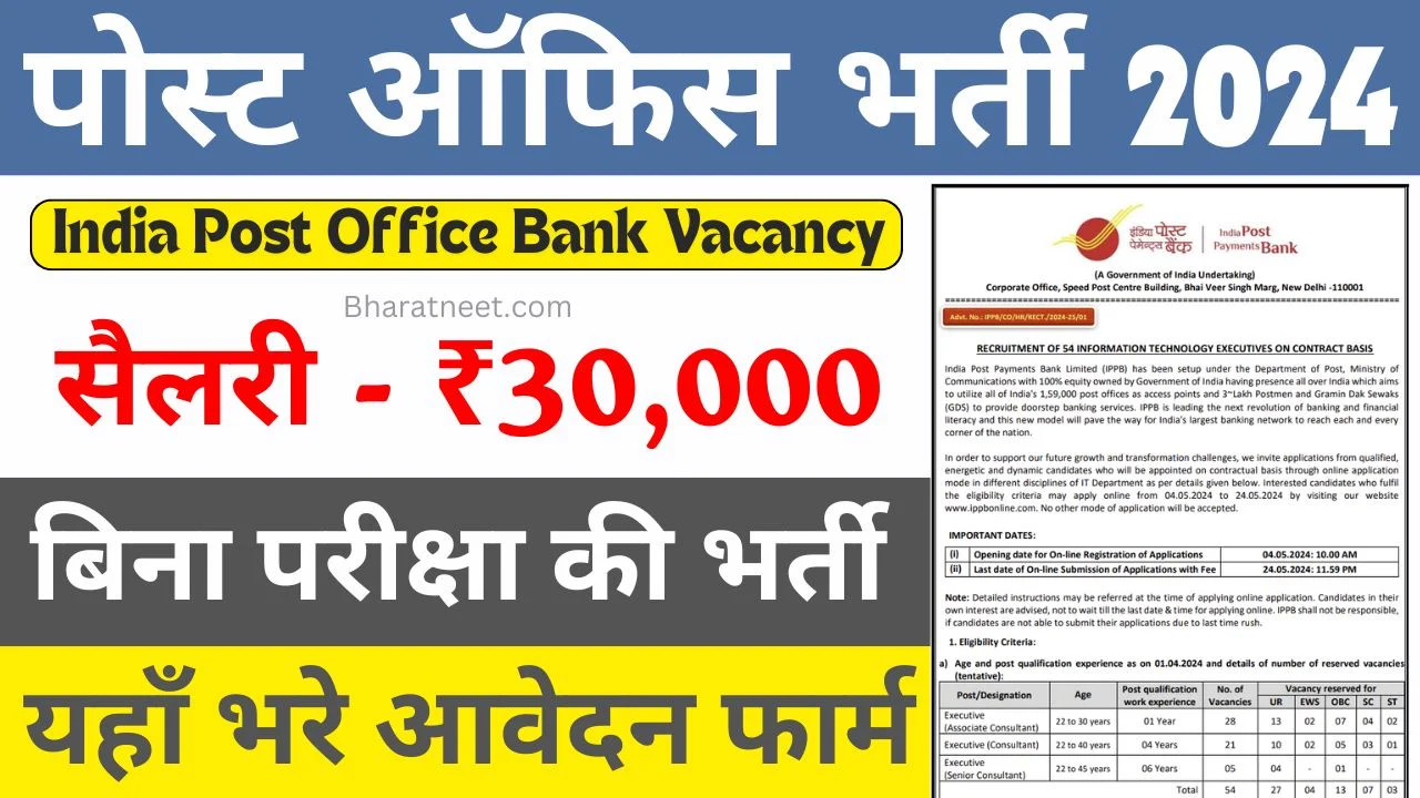 India Post Office Bank Vacancy 2024: अब पोस्ट ऑफिस में होगी बिना परीक्षा की भर्ती, यहाँ से भरे फार्म